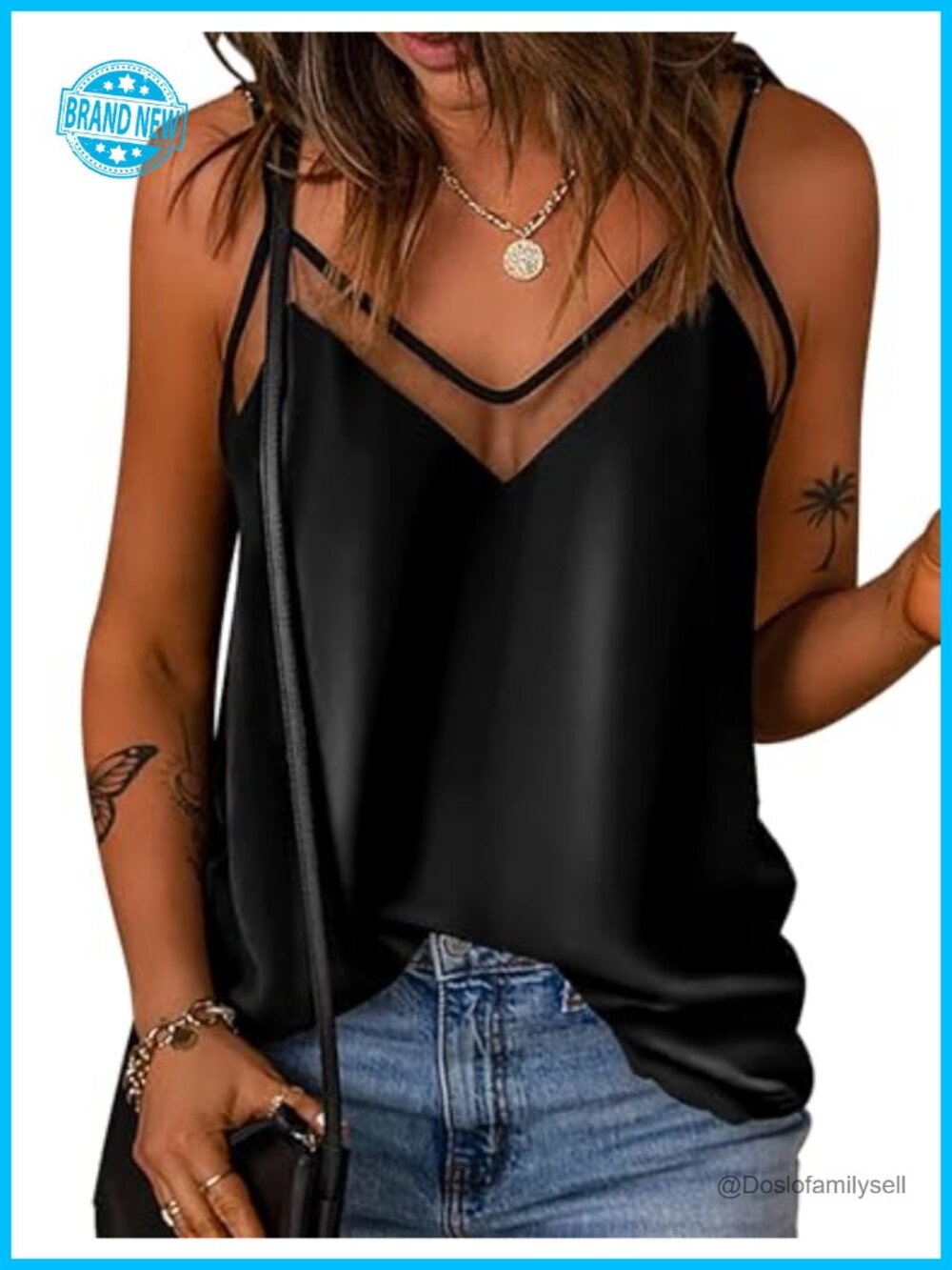 Satin Mesh V Neck Tank Top Sleeveless Cami Spaghetti Strap Women's